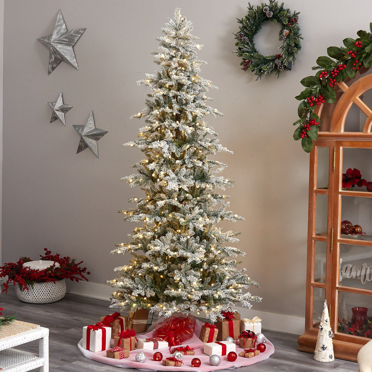 8.5’ Slim Flocked Nova Scotia Spruce Artificial Christmas Tree, photo 7 of 8
