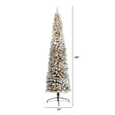 9’ Flocked Pencil Artificial Christmas Tree with 600 Clear Lights and 896 Bendable Branches