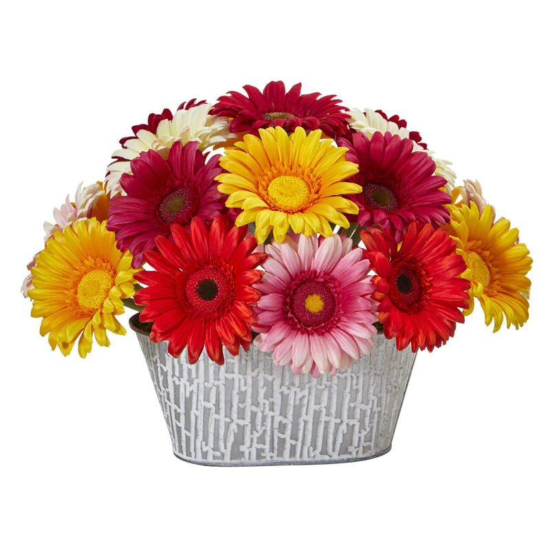 9” Gerber Daisy Artificial Arrangement in White Tin Vase, photo 2 of 2