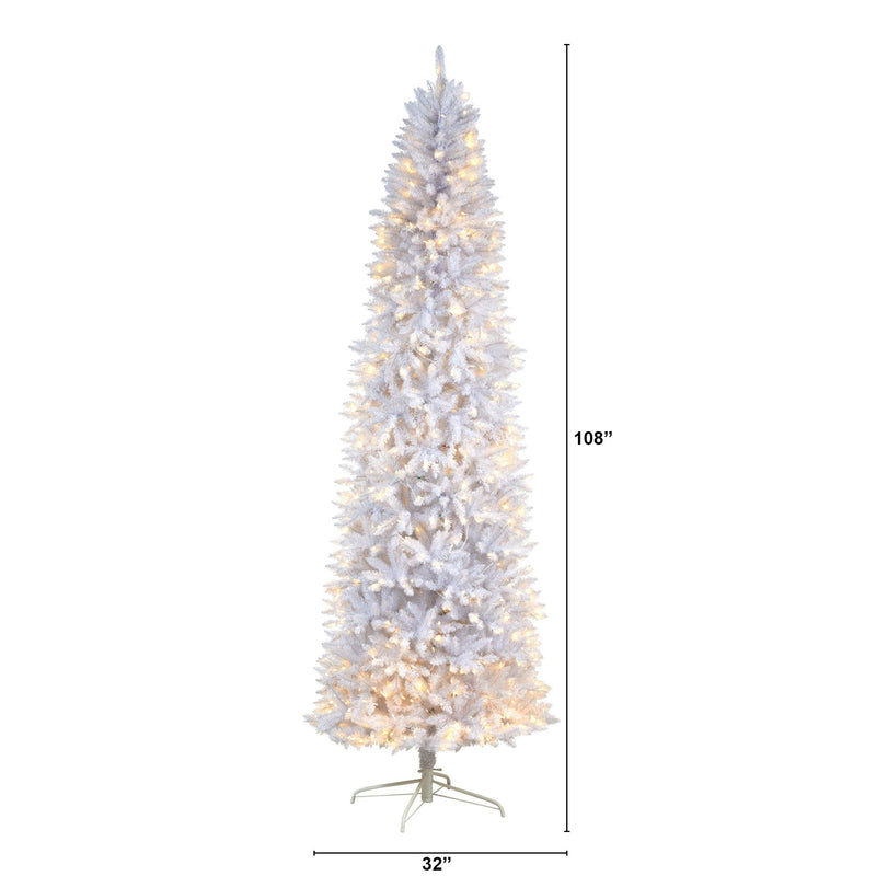 9’ Slim White Artificial Christmas Tree with 600 Warm White LED Lights and 1860 Bendable Branches