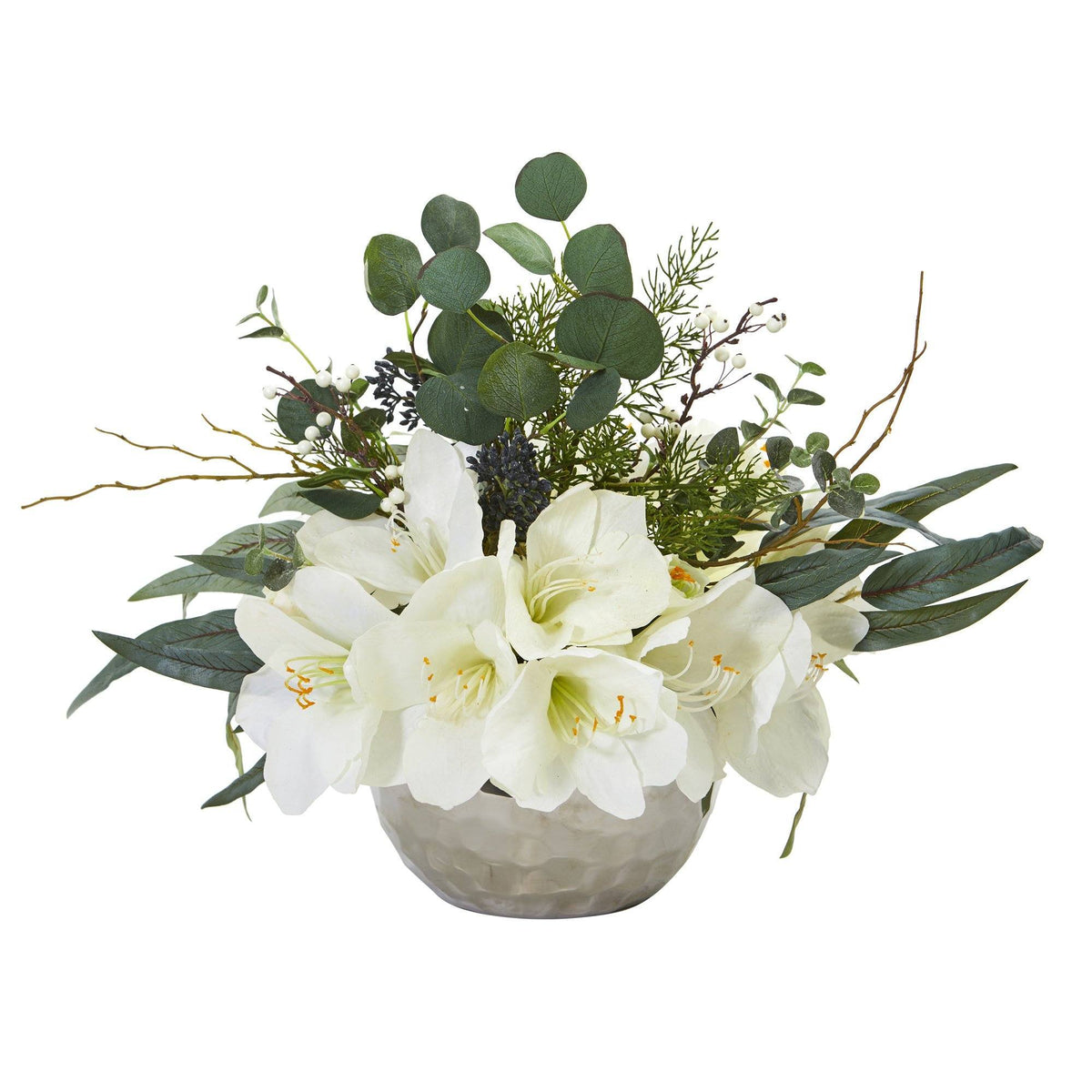 Amaryllis and Eucalyptus Artificial Arrangement in Silver Vase, photo 2 of 2