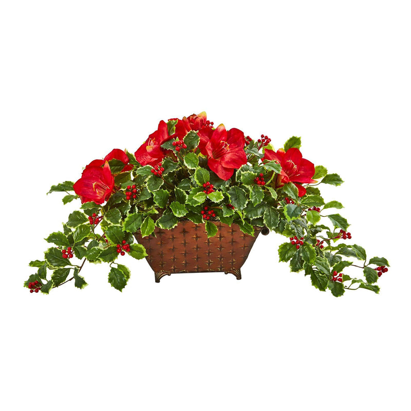 Amaryllis, Holly Leaf with Berries Artificial Arrangement