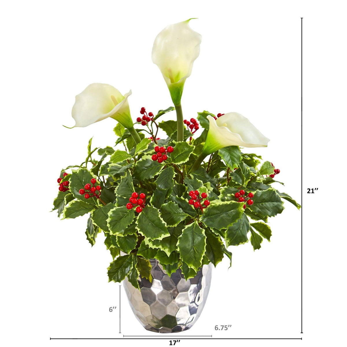 Calla Lilly and Holly Leaf Artificial Arrangement in Silver Vase, photo 2 of 2