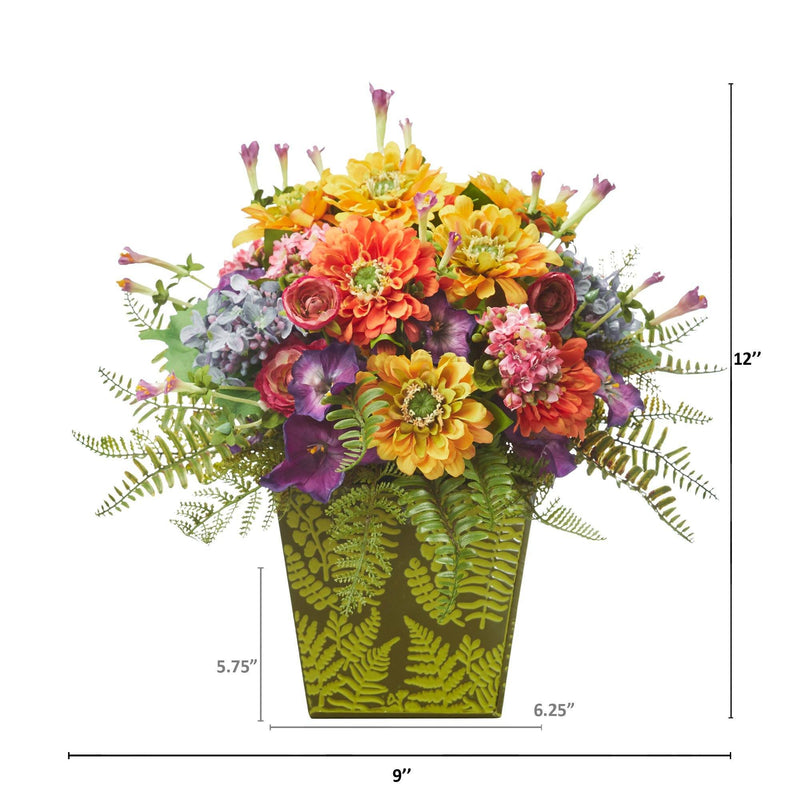 Mixed Flowers Artificial Arrangement in Green Vase, photo 2 of 2