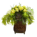 Roses and Hydrangea Artificial Arrangement in Metal Planter