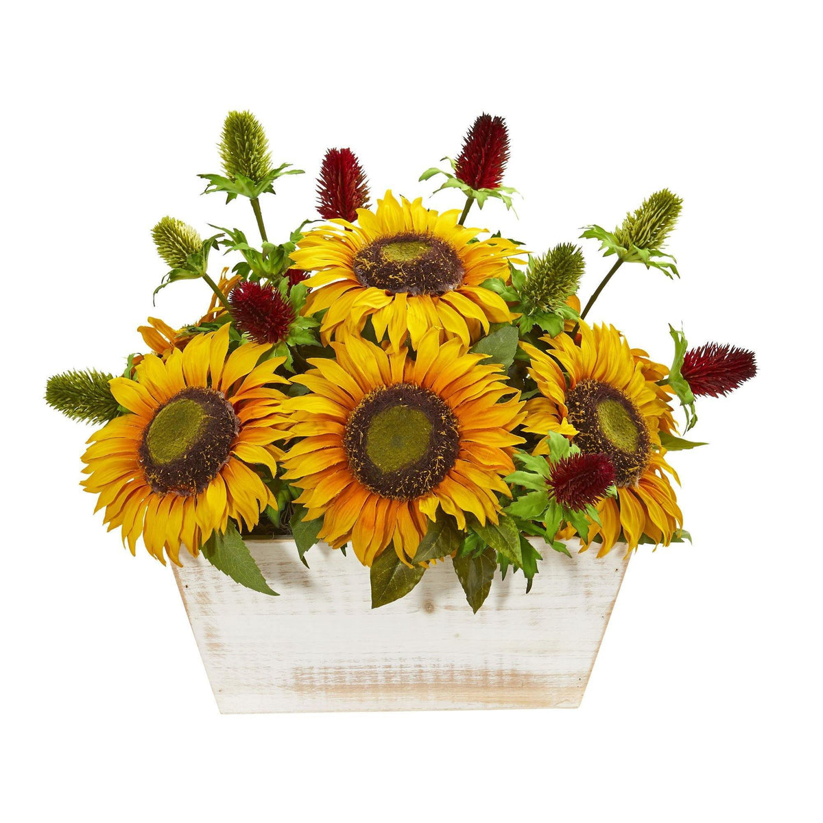 Sunflower and Thistle Artificial Arrangement in White Wash Planter