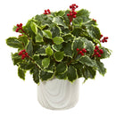 Variegated Holly Leaf Artificial Plant in Vase (Real Touch)