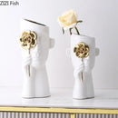 GobekUsa Gold Rose Relief Ceramic Vase, Elegant Desk Floral Vase for Room Decor