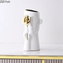 GobekUsa Gold Rose Relief Ceramic Vase, Elegant Desk Floral Vase for Room Decor