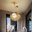 GobekUsa Artistry Milk White Glass Ball Chandelier Pendant with Birds and Hand-Sewn Aluminum Nest - 1/2/3-Light Golden Hanging Lamp