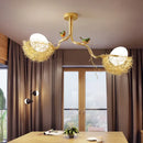 GobekUsa Artistry Milk White Glass Ball Chandelier Pendant with Birds and Hand-Sewn Aluminum Nest - 1/2/3-Light Golden Hanging Lamp