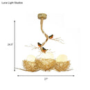 GobekUsa Artistry Milk White Glass Ball Chandelier Pendant with Birds and Hand-Sewn Aluminum Nest - 1/2/3-Light Golden Hanging Lamp