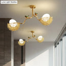GobekUsa Artistry Milk White Glass Ball Chandelier Pendant with Birds and Hand-Sewn Aluminum Nest - 1/2/3-Light Golden Hanging Lamp