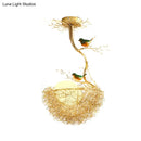 GobekUsa Artistry Milk White Glass Ball Chandelier Pendant with Birds and Hand-Sewn Aluminum Nest - 1/2/3-Light Golden Hanging Lamp