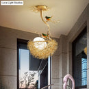 GobekUsa Artistry Milk White Glass Ball Chandelier Pendant with Birds and Hand-Sewn Aluminum Nest - 1/2/3-Light Golden Hanging Lamp