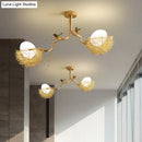 GobekUsa Artistry Milk White Glass Ball Chandelier Pendant 1/2/3-Light Golden Hanging Lamp with Birds and Hand Sewn Aluminum Nest