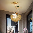GobekUsa Artistry Milk White Glass Ball Chandelier Pendant 1/2/3-Light Golden Hanging Lamp with Birds and Hand Sewn Aluminum Nest
