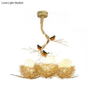 GobekUsa Artistry Milk White Glass Ball Chandelier Pendant with Birds and Hand-Sewn Aluminum Nest - 1/2/3-Light Golden Hanging Lamp
