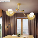 GobekUsa Artistry Milk White Glass Ball Chandelier Pendant 1/2/3-Light Golden Hanging Lamp with Birds and Hand Sewn Aluminum Nest