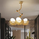 GobekUsa Artistry Milk White Glass Ball Chandelier Pendant 1/2/3-Light Golden Hanging Lamp with Birds and Hand Sewn Aluminum Nest
