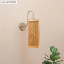 GobekUsa Asian Style Cylinder Bamboo and Metal Wall Lamp with Gooseneck Arm - 1 Bulb and Beige Shade