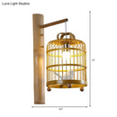 GobekUsa Bamboo Wall Mount Sconce Lamp with Asian Flair - Wood Cage Design, 1 Bulb, White Bird Deco