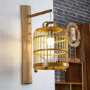 GobekUsa Bamboo Wall Mount Sconce Lamp with Asian Flair - Wood Cage Design, 1 Bulb, White Bird Deco