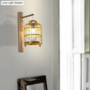 GobekUsa Bamboo Wall Mount Sconce Lamp with Asian Flair - Wood Cage Design, 1 Bulb, White Bird Deco