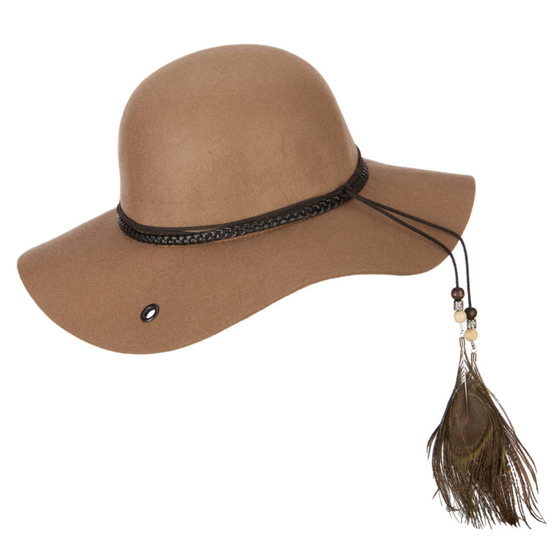 Women's Wool Leather Band Suede Rope Tie with Feather Detailed Bucket Hat