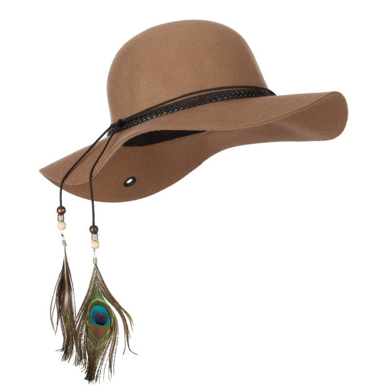 Women's Wool Leather Band Suede Rope Tie with Feather Detailed Bucket Hat