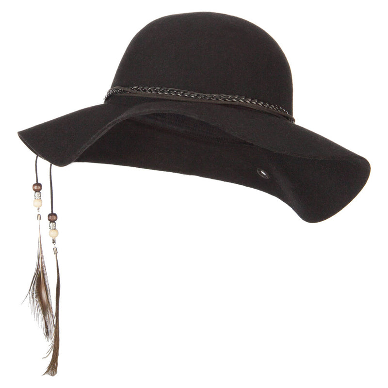 Women's Wool Leather Band Suede Rope Tie with Feather Detailed Bucket Hat