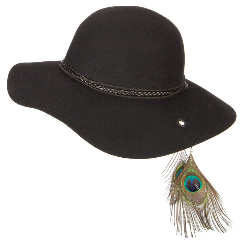 Women's Wool Leather Band Suede Rope Tie with Feather Detailed Bucket Hat