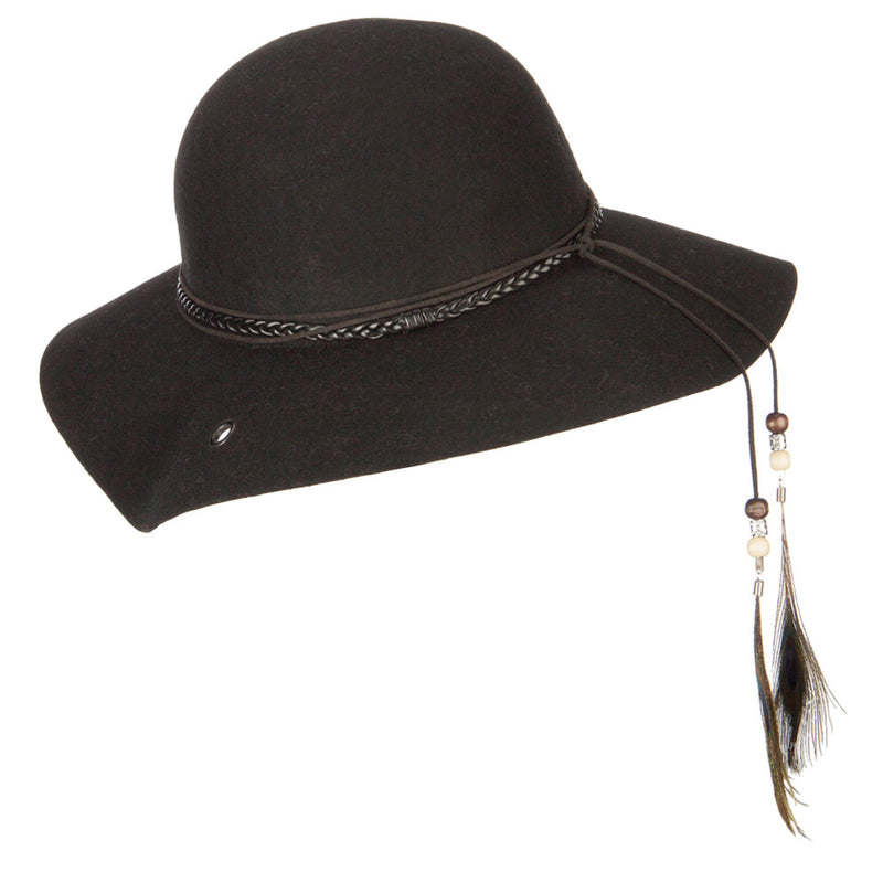 Women's Wool Leather Band Suede Rope Tie with Feather Detailed Bucket Hat