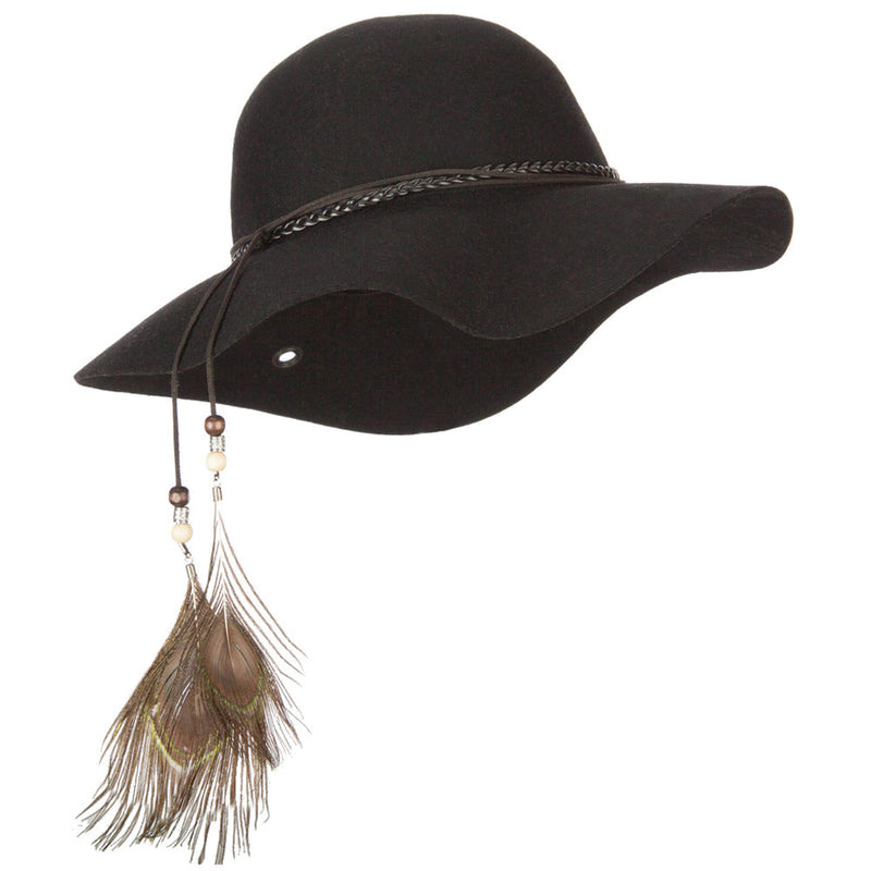 Women's Wool Leather Band Suede Rope Tie with Feather Detailed Bucket Hat