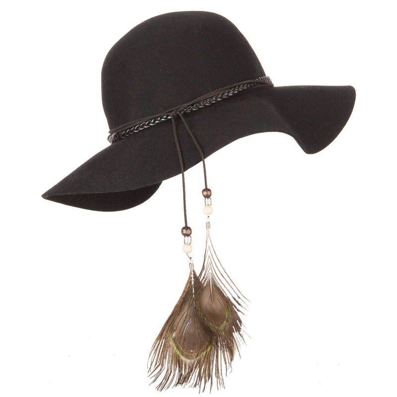 Women's Wool Leather Band Suede Rope Tie with Feather Detailed Bucket Hat