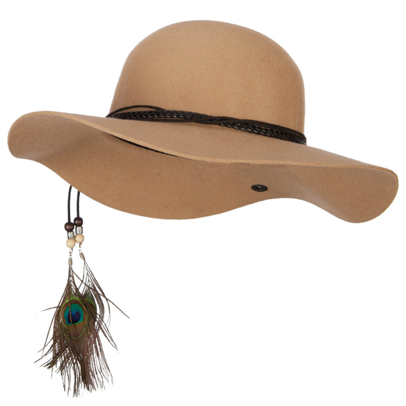 Women's Wool Leather Band Suede Rope Tie with Feather Detailed Bucket Hat