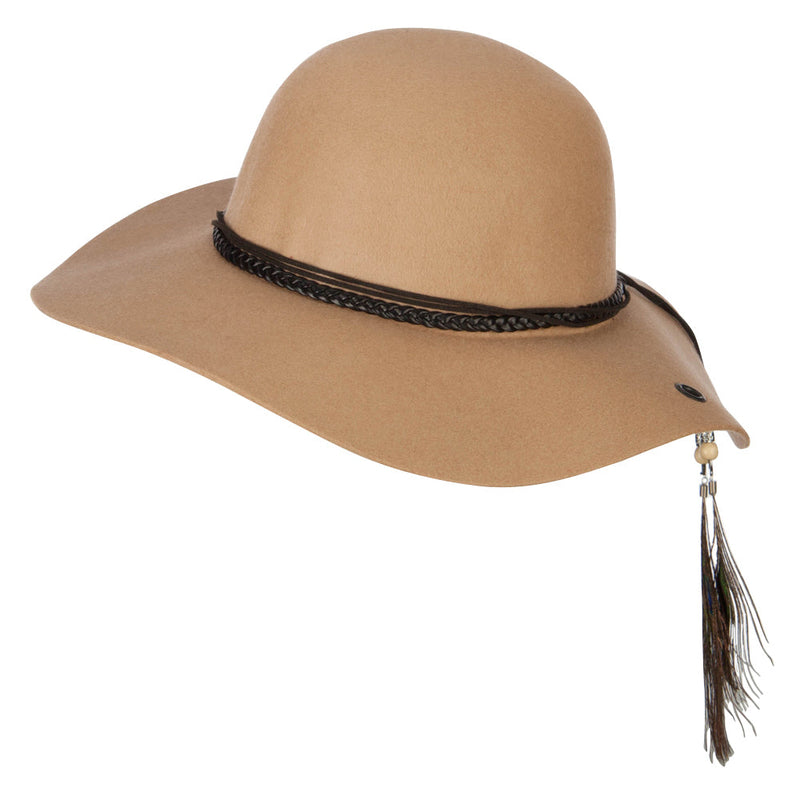 Women's Wool Leather Band Suede Rope Tie with Feather Detailed Bucket Hat