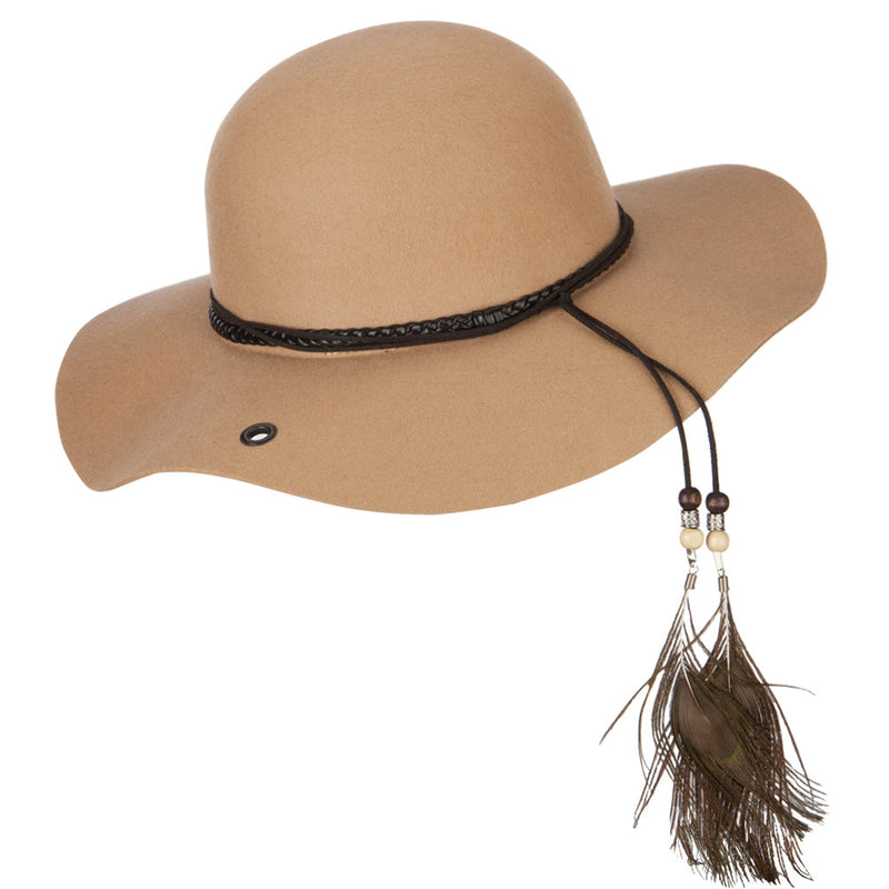 Women's Wool Leather Band Suede Rope Tie with Feather Detailed Bucket Hat