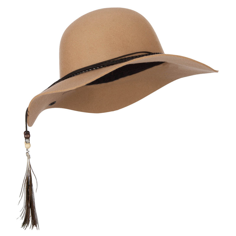 Women's Wool Leather Band Suede Rope Tie with Feather Detailed Bucket Hat