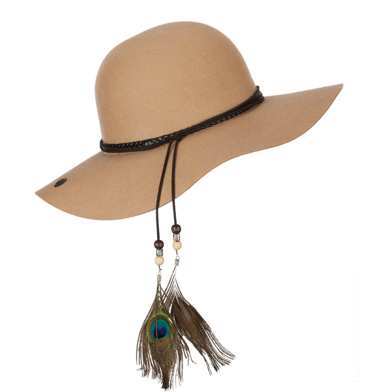 Women's Wool Leather Band Suede Rope Tie with Feather Detailed Bucket Hat