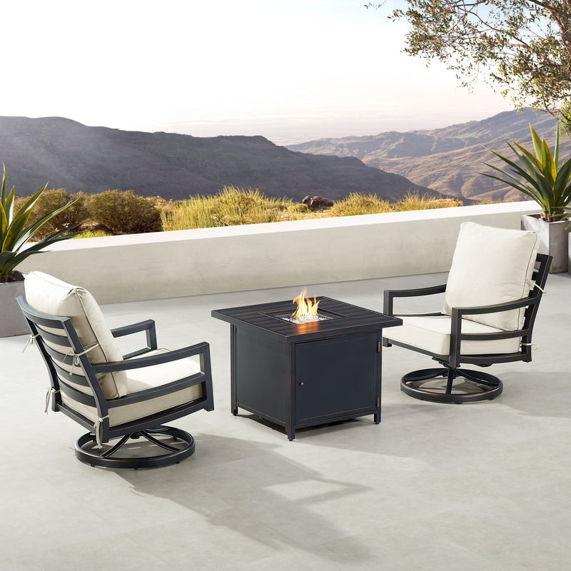 Black Aluminum Fire Table Bistro Set with Two Club Chairs