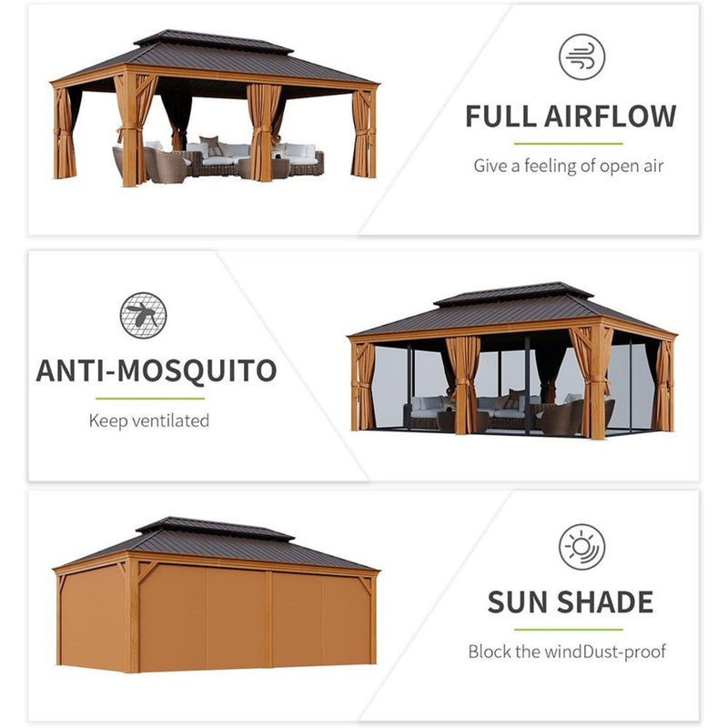 [12X20FT] Alora Premium Large Aluminum Hardtop Gazebo W/ Netting, Privacy Curtains And Wood Grain Finish (SAK58374)