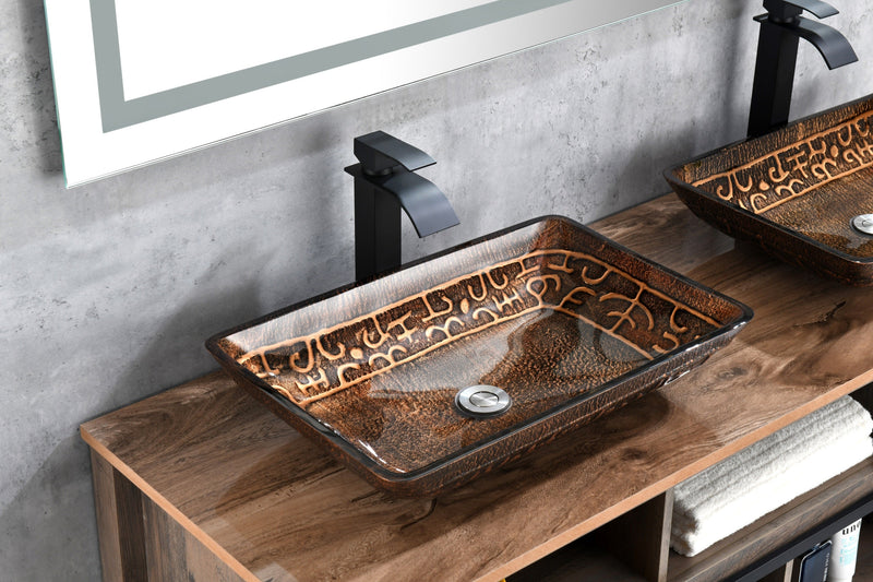22.25" L -14.5" W -4.5" H Golden Handmade Glass Rectangle Vessel Bathroom Sink in Brown and Gold Fusion Finish with Faucet and Pop-Up Drain in Matte Black