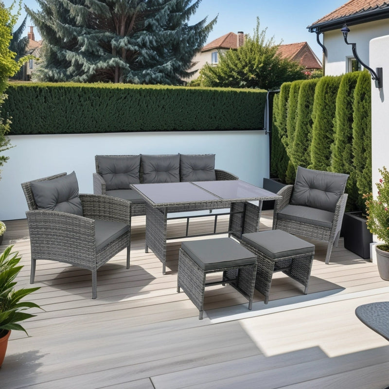 6 Piece Patio Wicker Sectional Set Patio Backyard Conversation Set Grey Wicker + Dark Grey Cushion