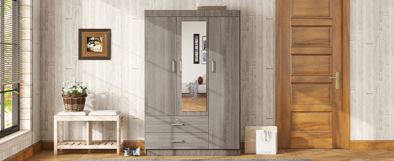 3-Door Mirror Wardrobe with shelves, Gray