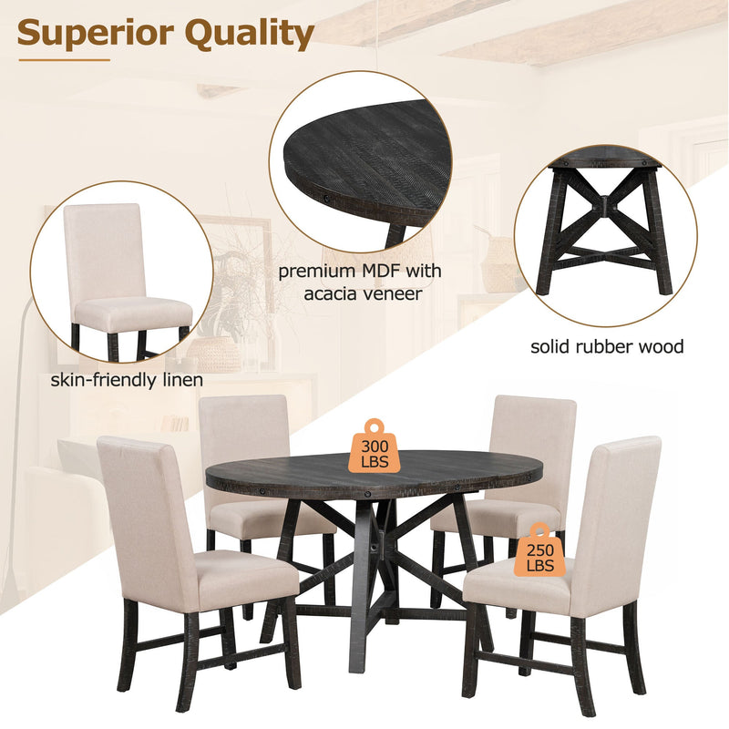 5-Piece Retro Functional Dining Set with Extendable Round Table with Removable Middle Leaf and 4 Upholstered Chairs for Dining Room and Living Room (Black)