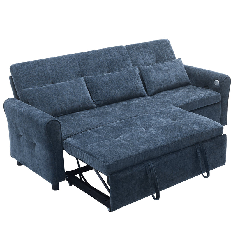 2-in-1 Sofa 82' Three-seater Sofa with Sofa Bed and Reversible Recliner, Blue Chenille