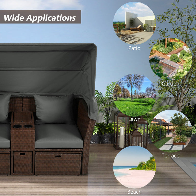 2-Seater Outdoor Patio Daybed Outdoor Double Daybed Outdoor Loveseat Sofa Set with Foldable Awning and Cushions for Garden, Balcony, Poolside, Grey