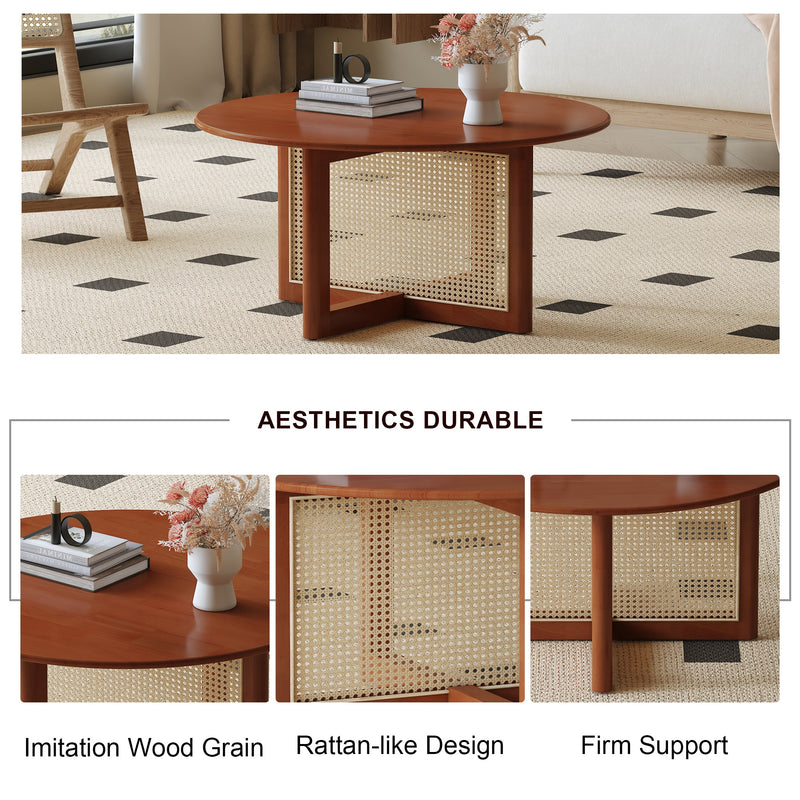 A natural and elegant deep red wooden coffee table with artificial rattan decorations, perfect for a fashionable living room and comfortable tea drinking time