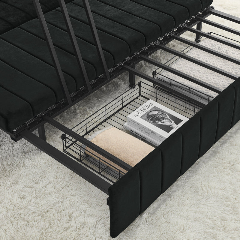 3 in 1 Pull-Out Bed Sleeper, Modern Upholstered 3 Seats Lounge Sofa & Couches with Rolled Arms Decorated with Copper Nails, Convertible Futon 3 Seats Sofabed with Two Drawers and Two Pillows